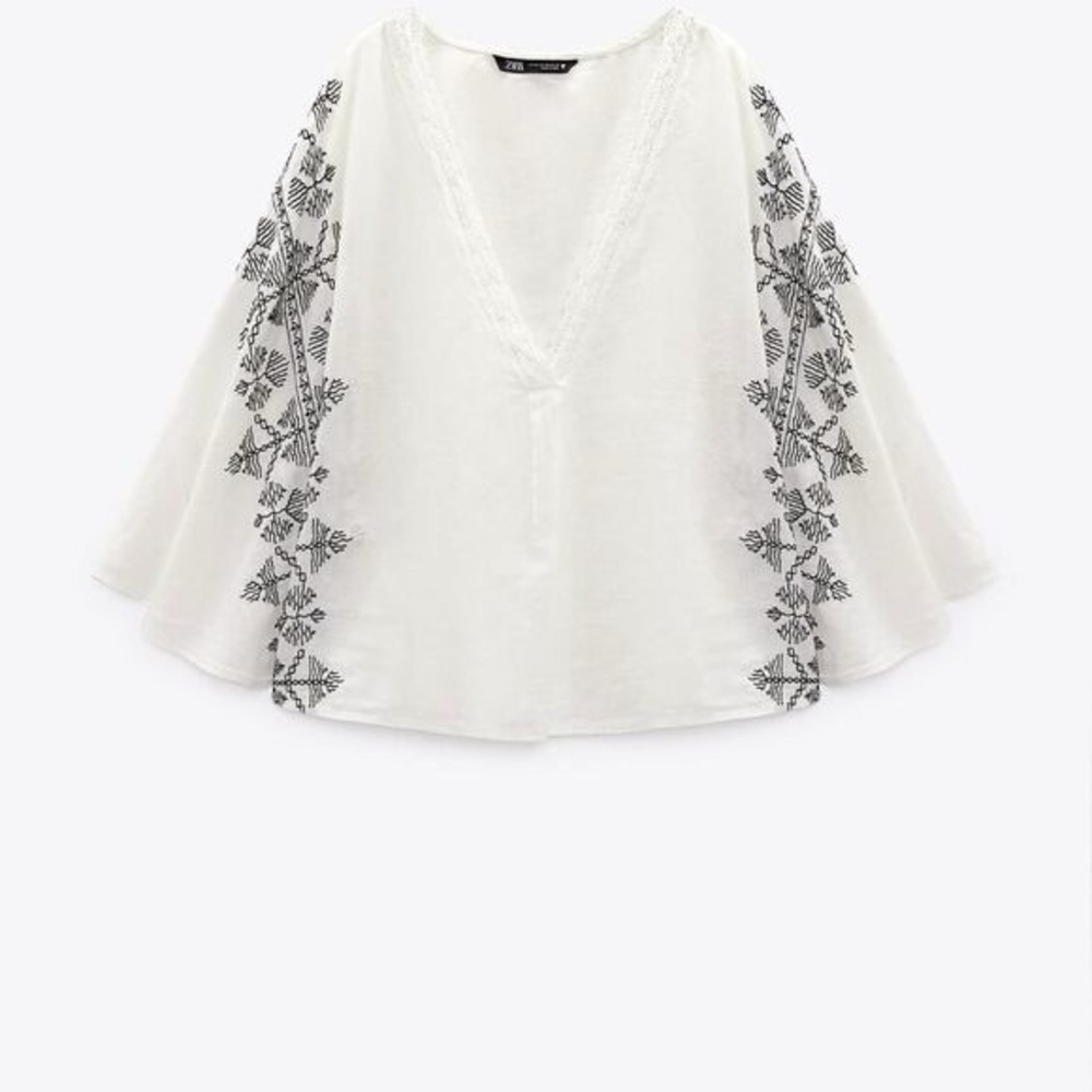 Zara Embroidered Lace Trim Butterfly Wing Linen Blend Top Large - Picture 2 of 6